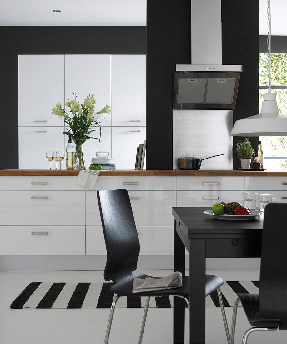 View of trendy kitchen in black and white