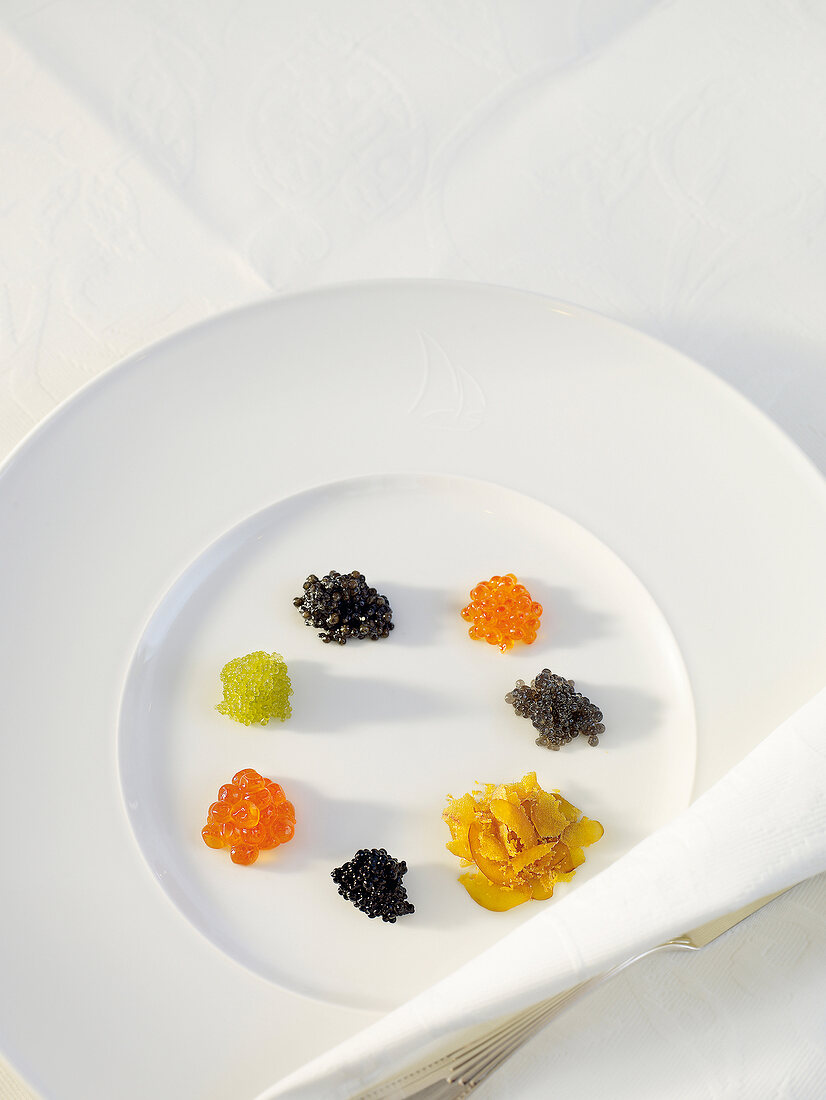 Various types of caviars on plate