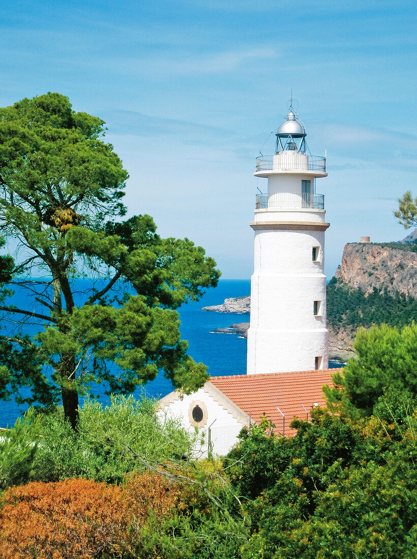 Lighthouse on coast of Soller in Mallorca island, Spain