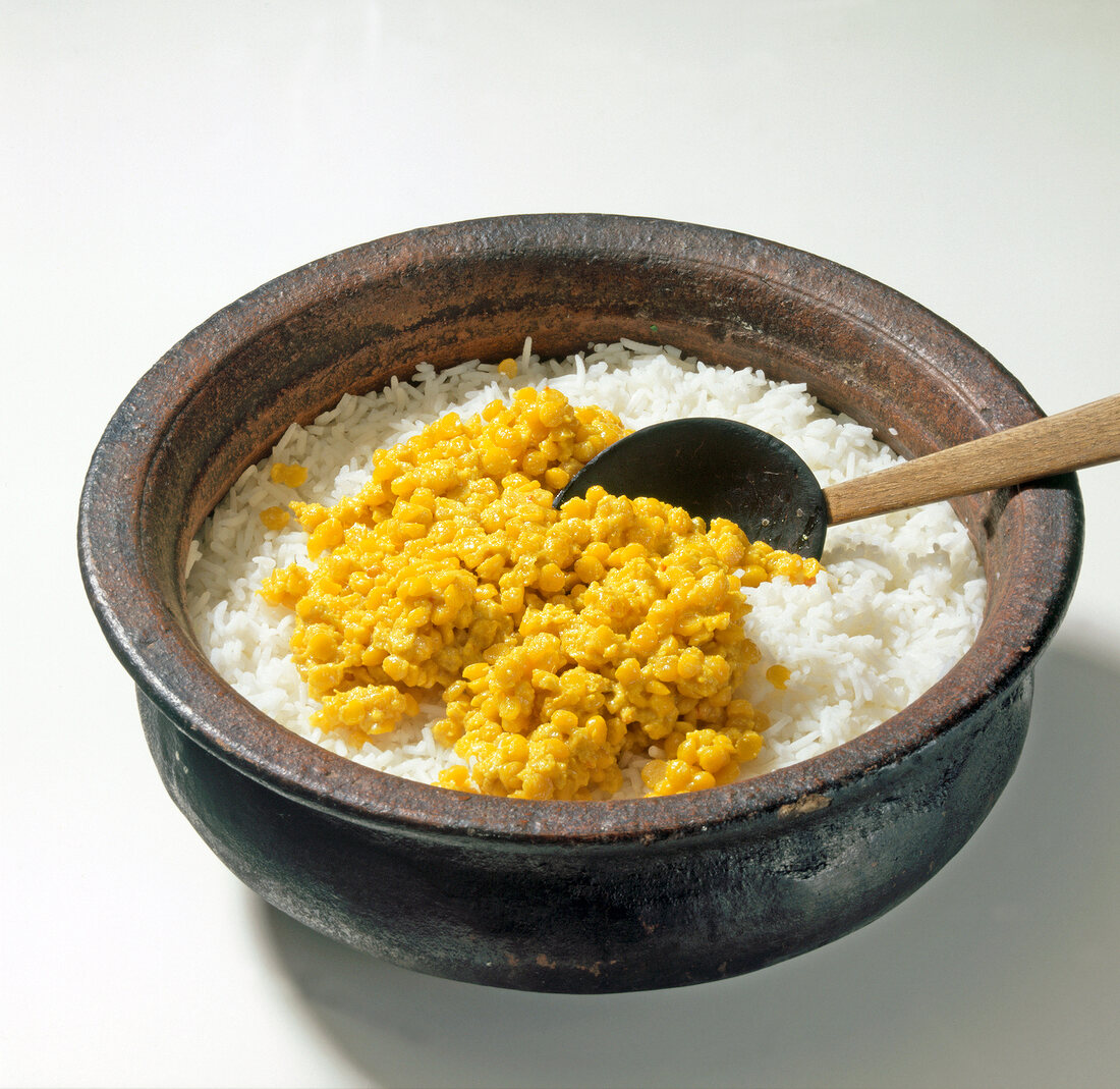 Basmati rice and chickpeas in clay pot