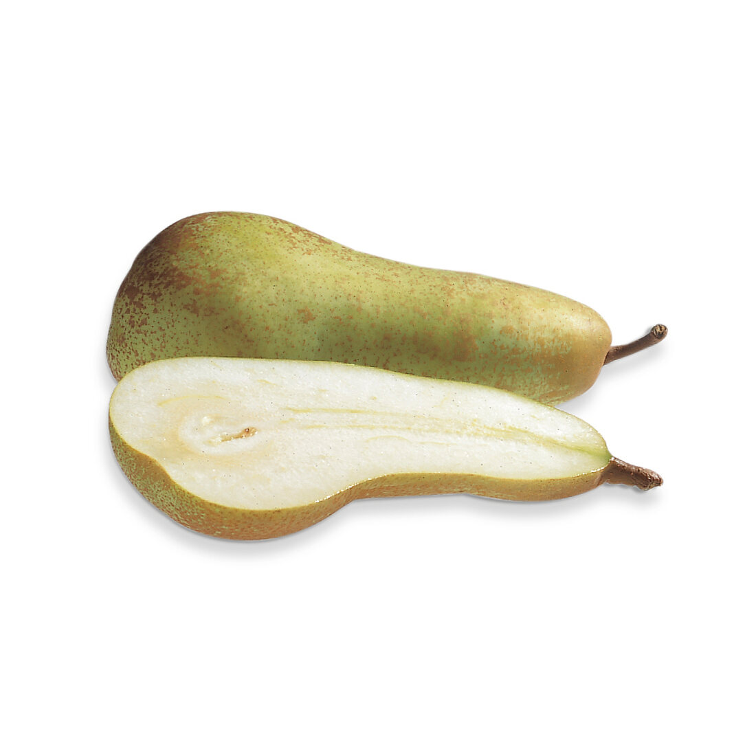 Whole and halved pear on white background