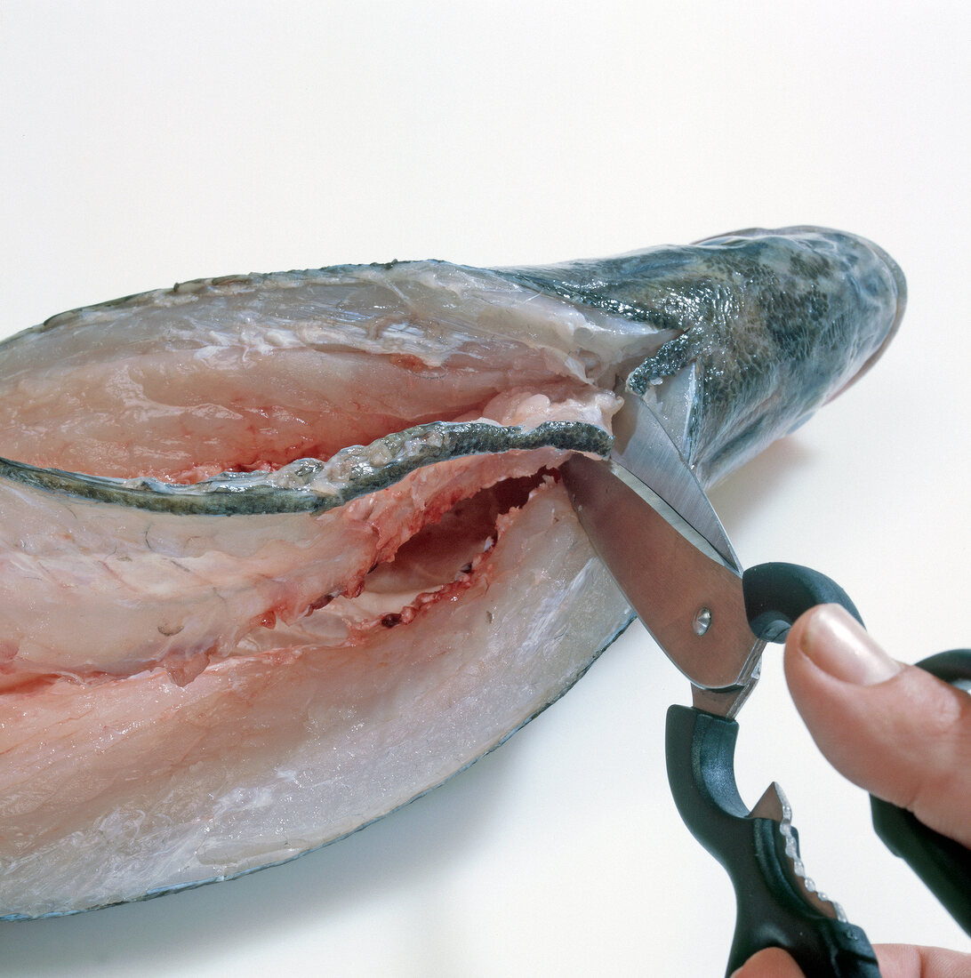 Close-up of hand cutting backbone of fish, step 5