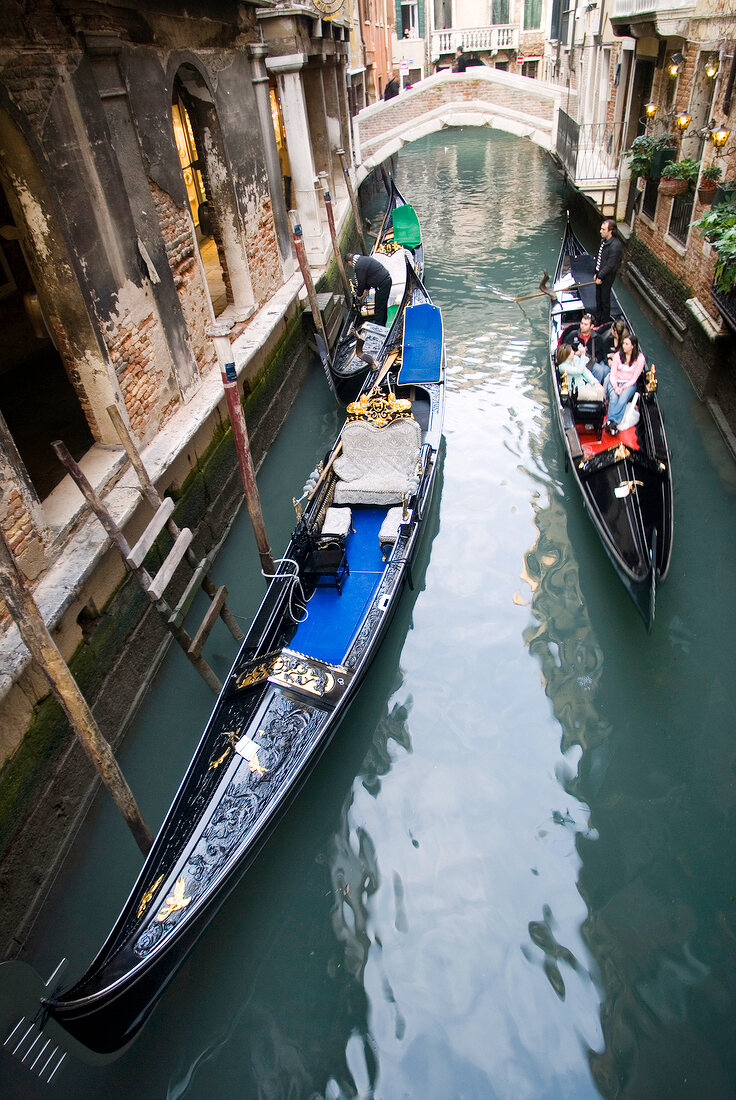 Two gondolas in narrow canal, Venice, Italy, Elevated View