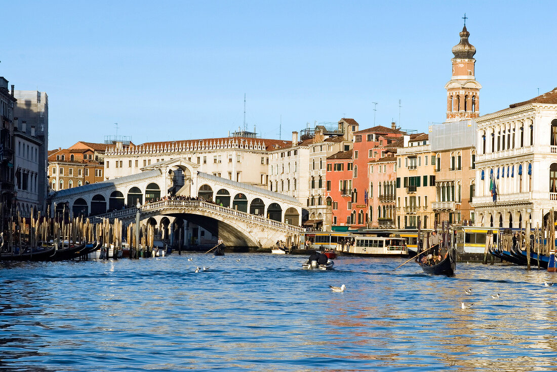 Fassaden und Rialtobrücke am Canal Grande in Venedig, Sonne