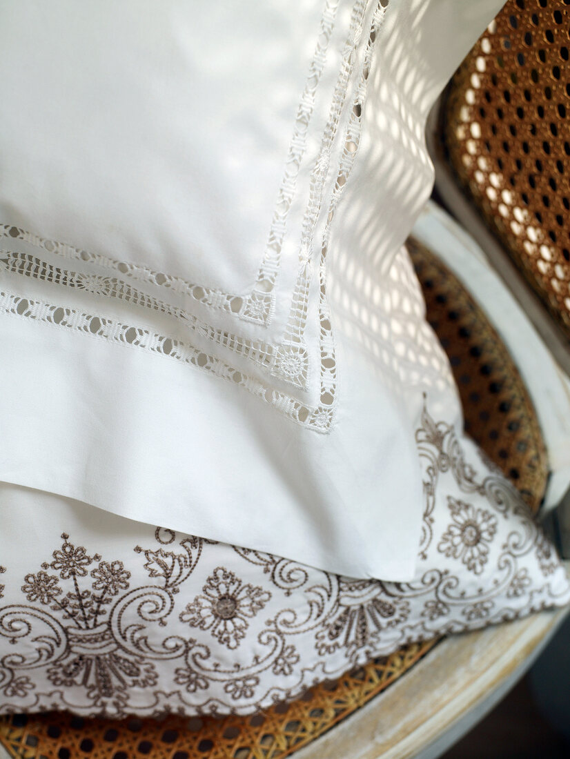 Close-up of white hem stitched pillow cover