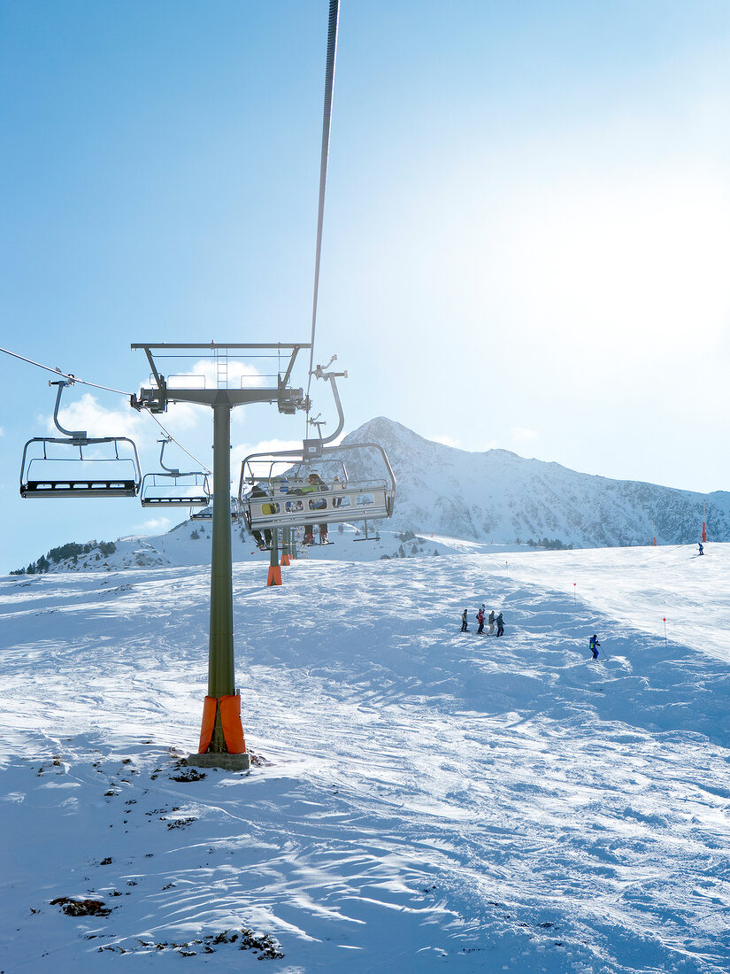 Ski lifts on snow covered mountain, Spain