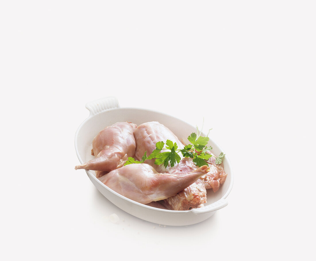 Rabbit meat pieces with herbs in serving dish