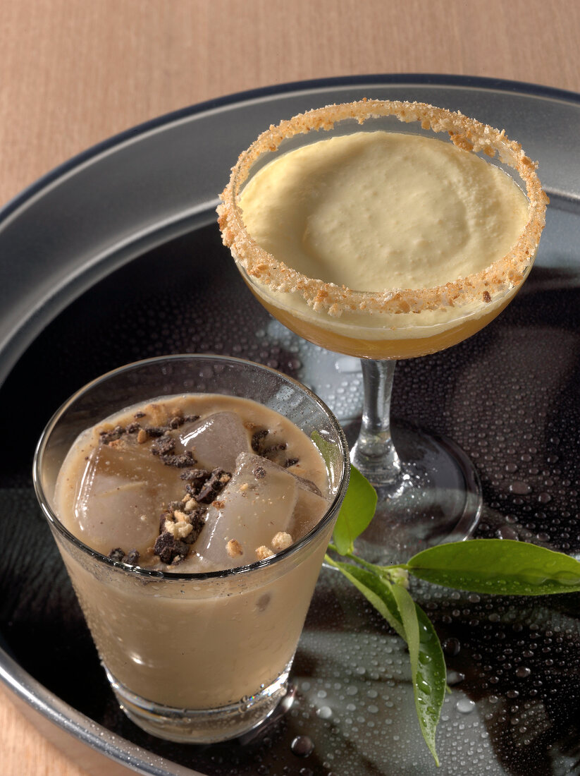 Key lime pie and chocolate puff drink in glass