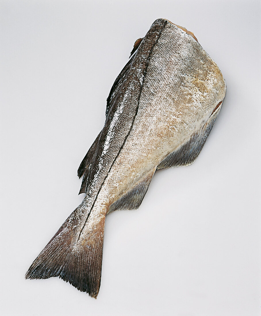 Half a raw fish on white background
