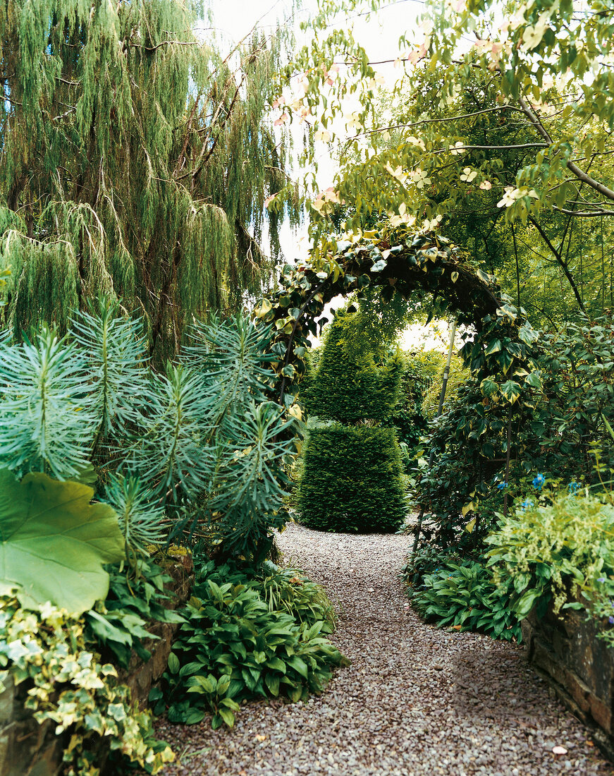 View of Lake Mount Garden with floral arch in Southern Ireland