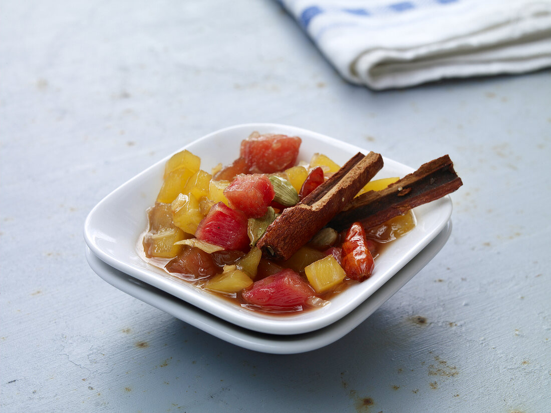 Close-up of bowl of rhubarb chutney