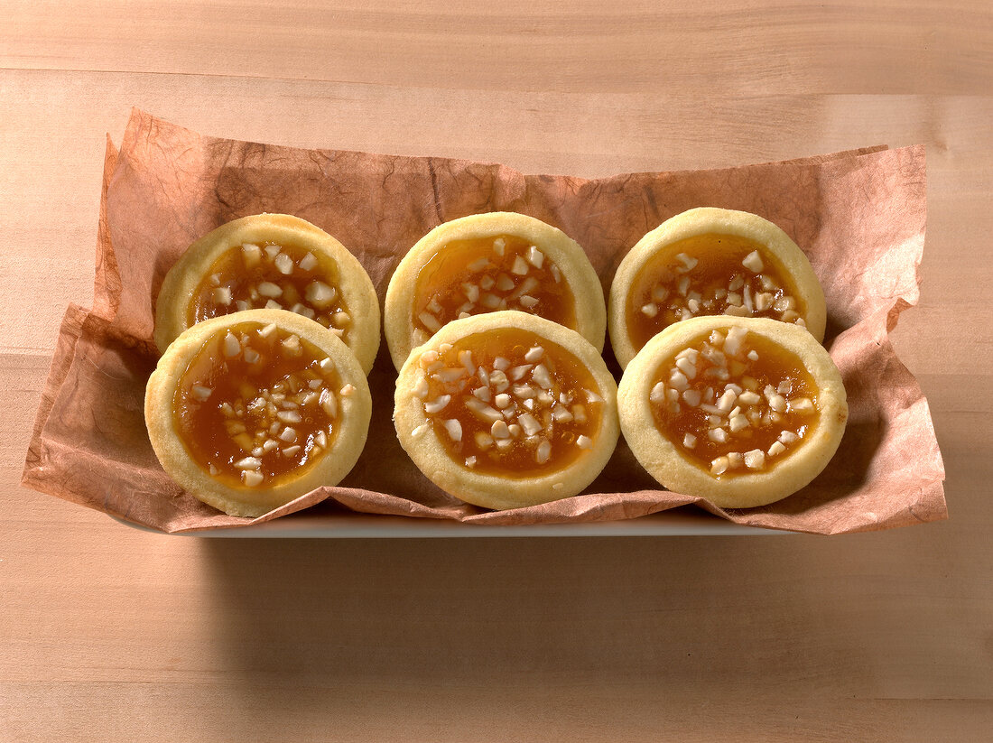 Apricot tarts in serving dish