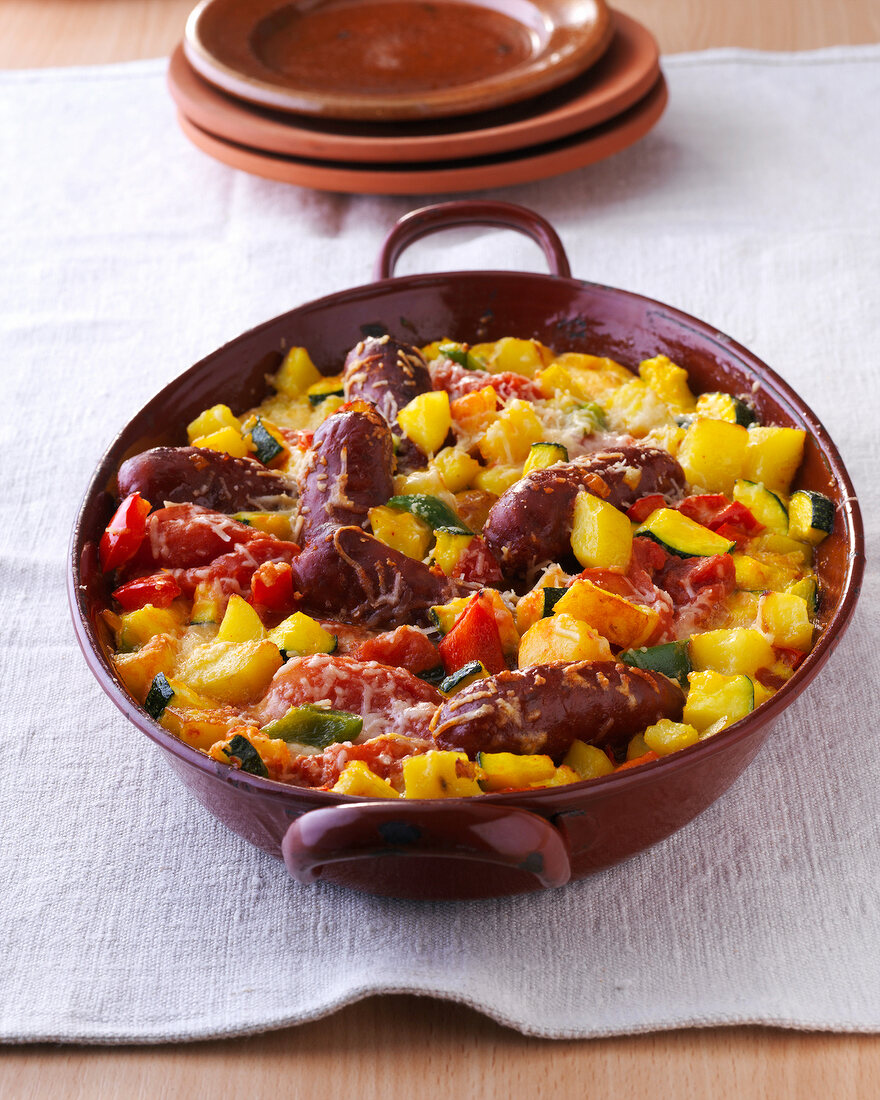 Spanish vegetables with chorizo in casserole