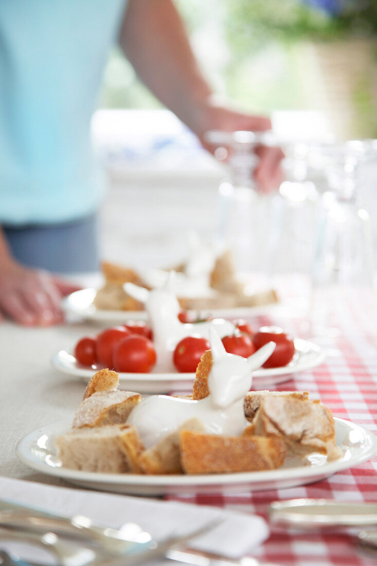 Ceramic dish with fawn shaped figure kept on red and white tablecloth