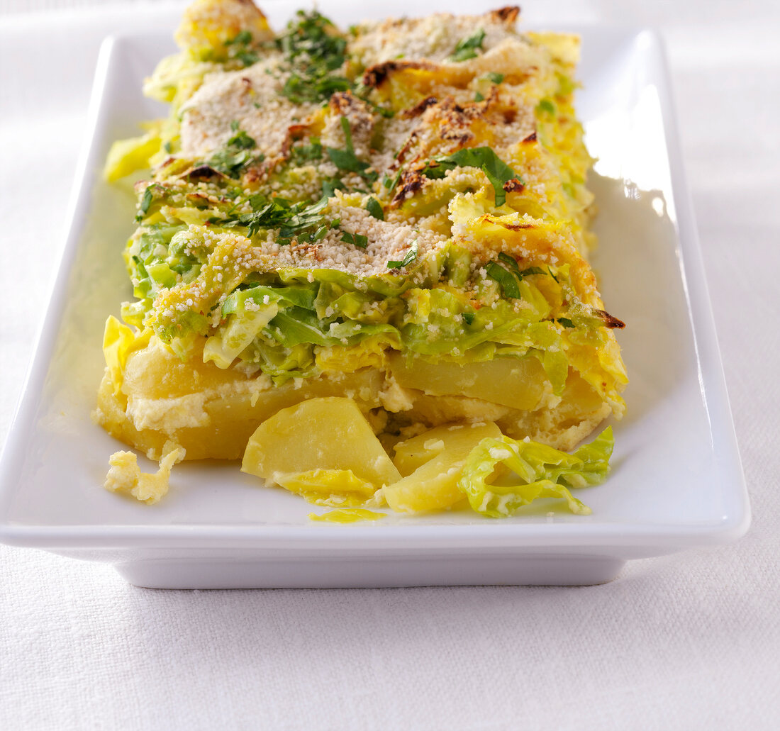 Close-up of cabbage and potatoes in serving dish