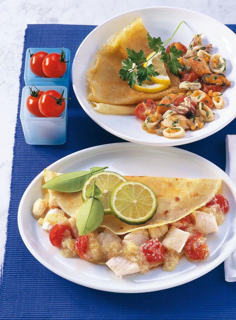 Pfannkuchen, Crêpes mit Meeresfrüchten und Fisch-Pfannkuchen