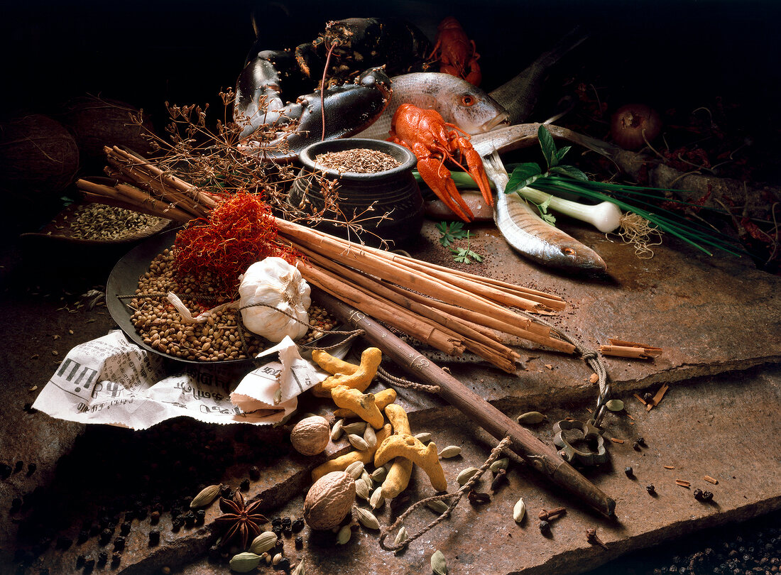 Various Indian spices with ginger and saffron