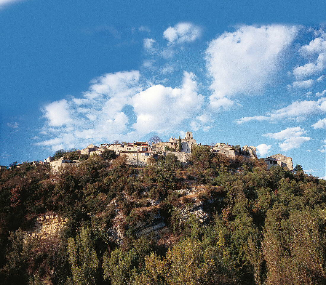 Low angle view of St. Thome on mountain in Ardeche, France