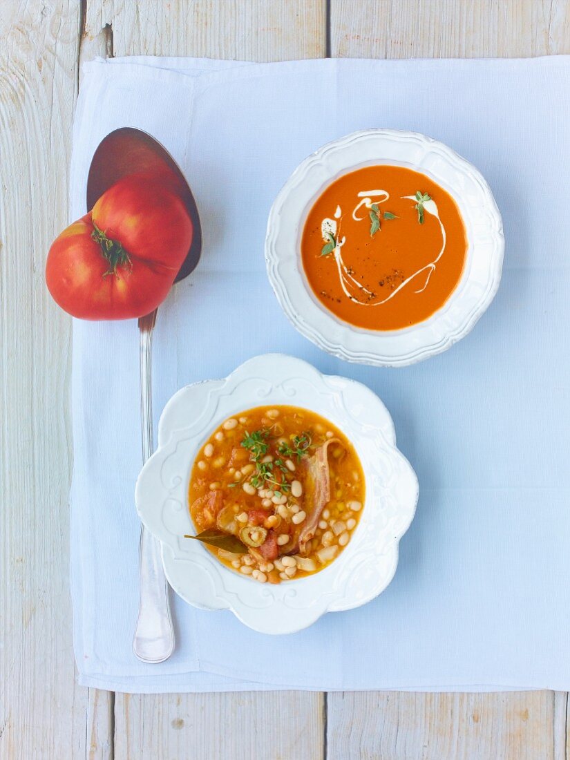 Cream of tomato soup and bean soup