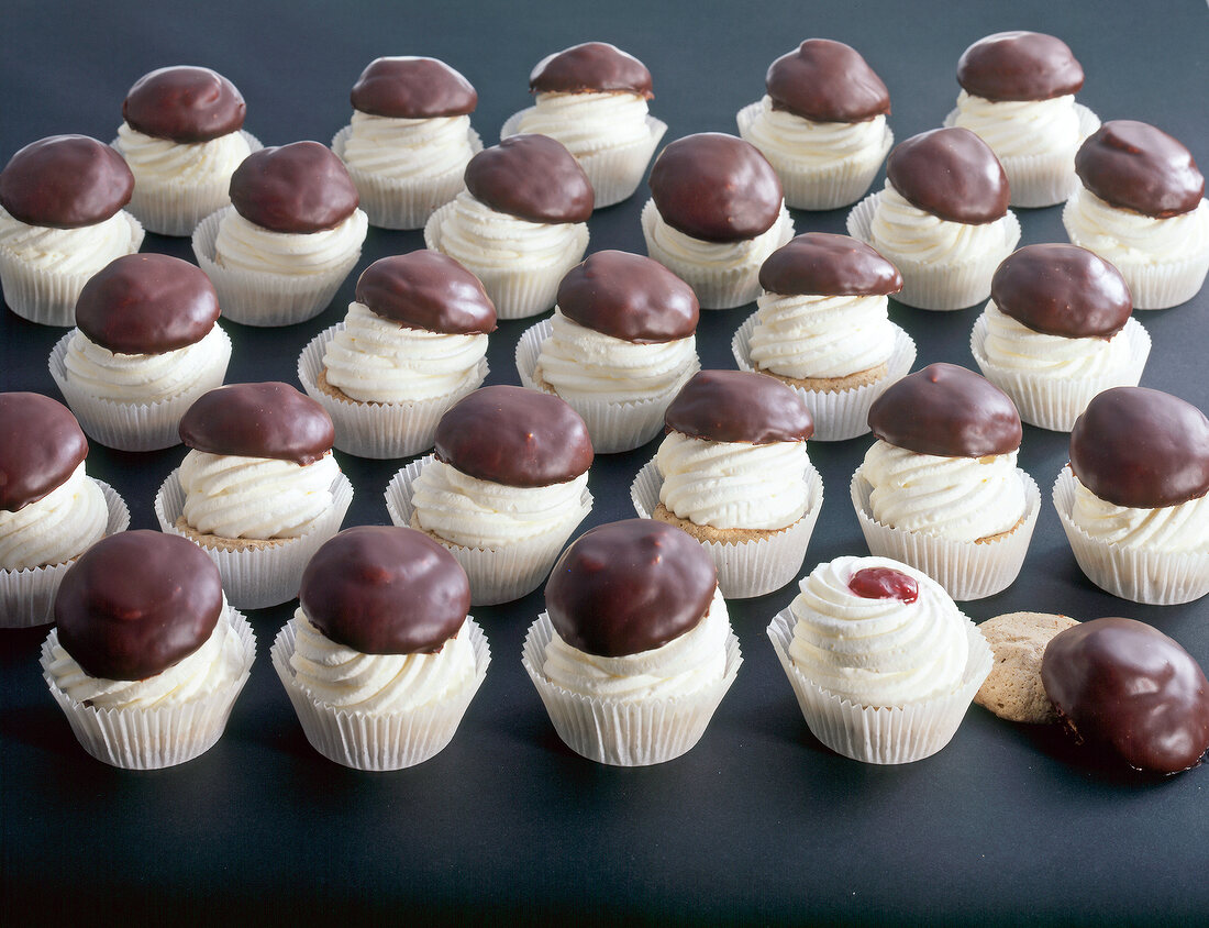 Close-up of souffle mass cream with chocolate icing