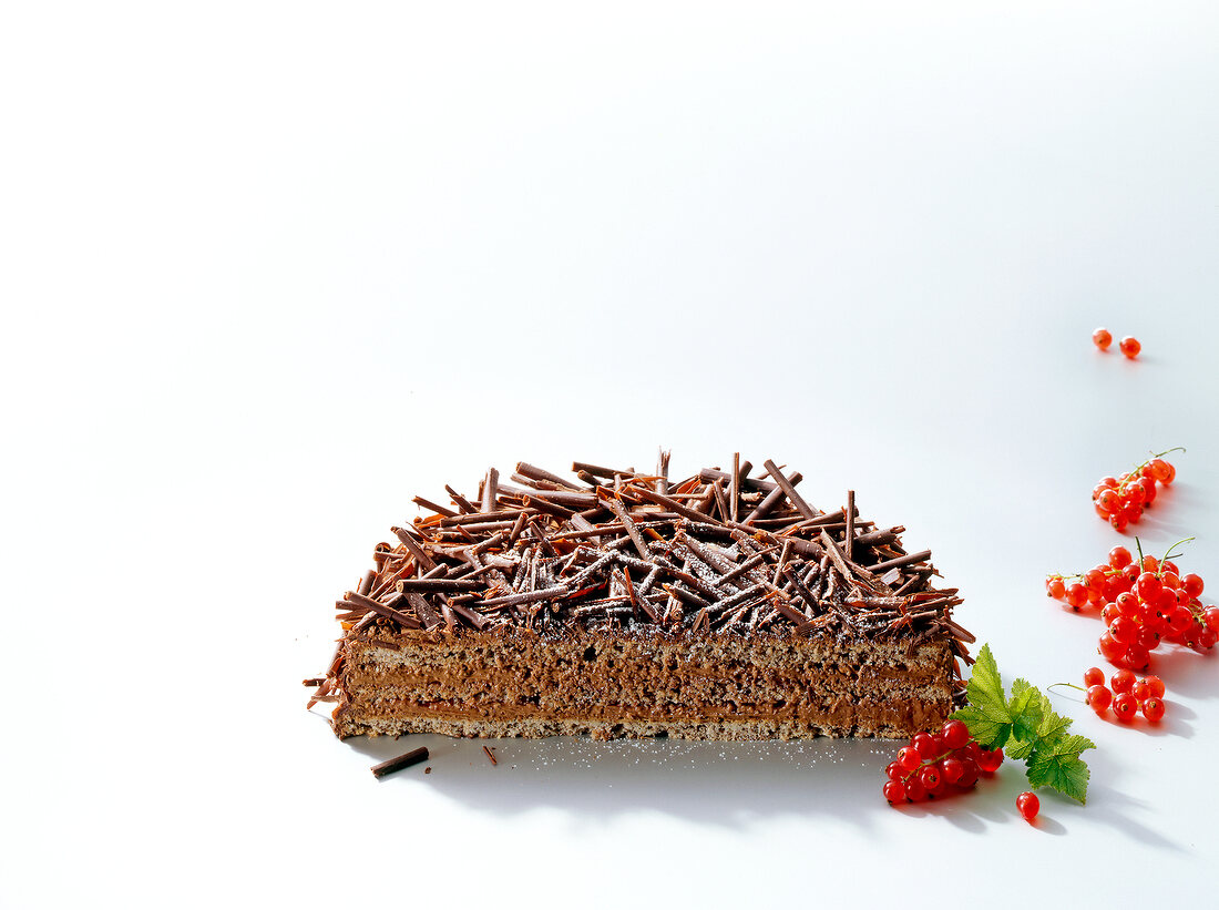 Half currant chocolate cake on white background