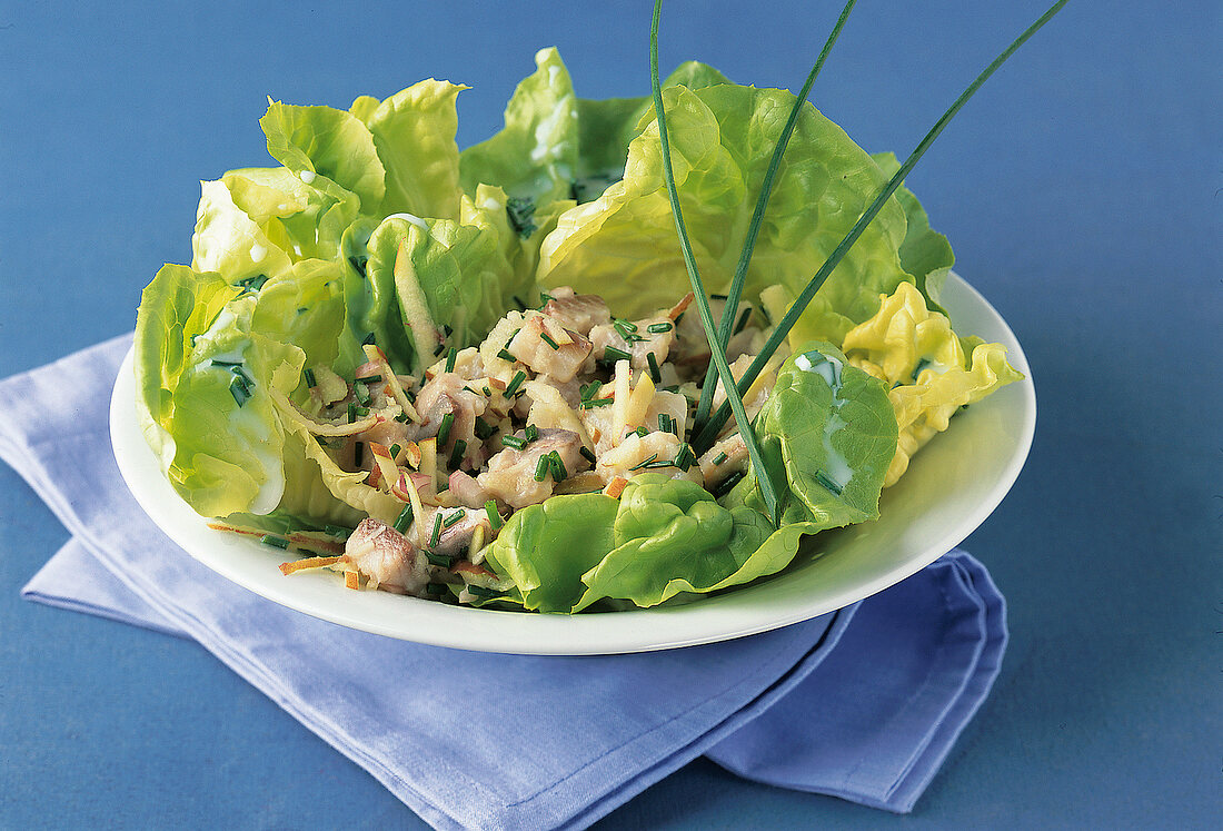 Schlank im Schlaf, Matjestatar auf Blattsalat mit Schnittlauch