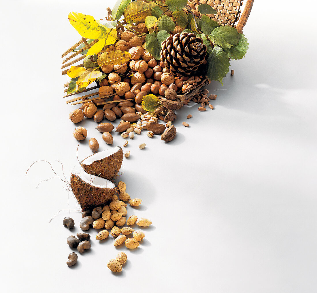 Various nuts and leaves in wicker basket and white background