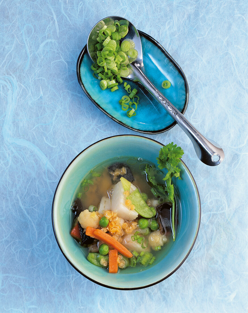 Wok, Asia-Fischsuppe mit roten Linsen, Lauchzwiebeln, Möhren