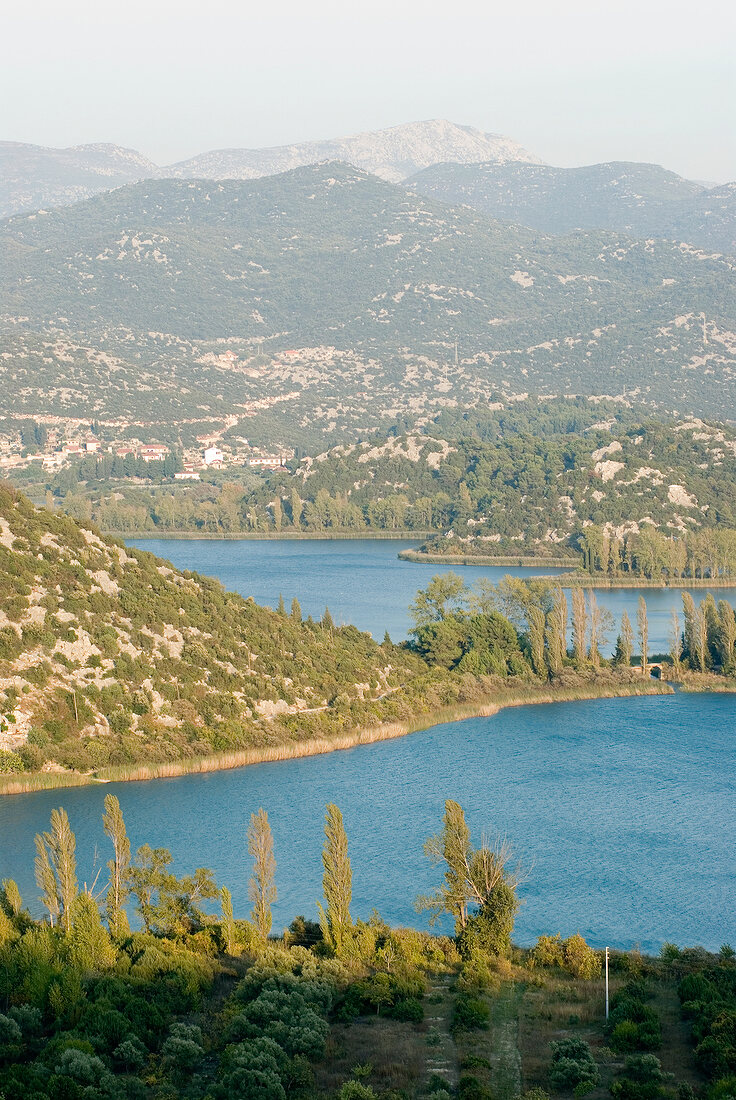 View of hills, salt lakes and mountain ranges in Dalmatia, Croatia