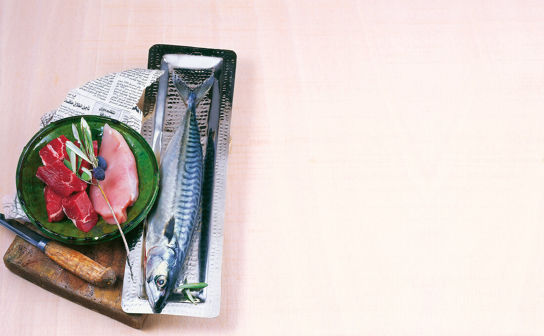 Raw fish on tray and raw poultry and lamb on plate, copy space