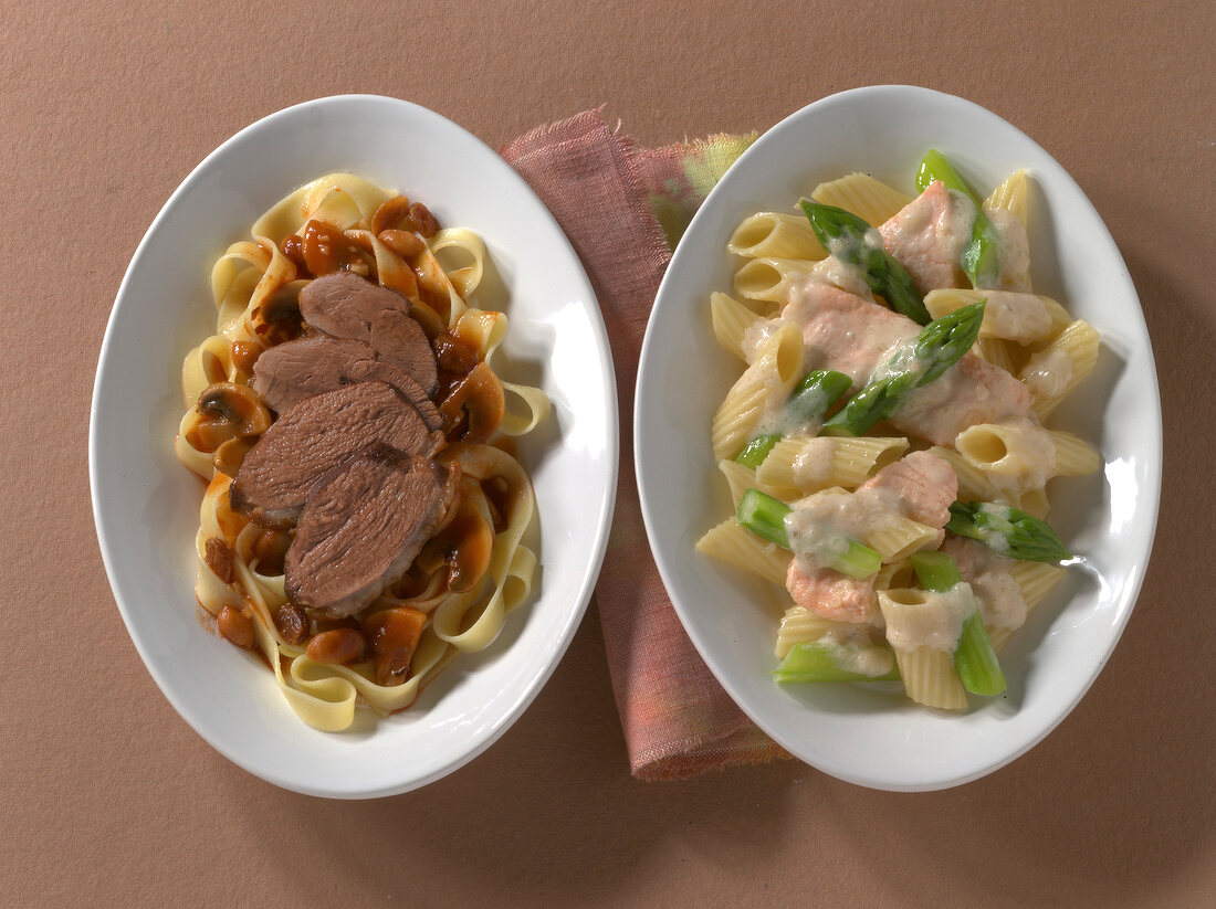 Pasta with duck breast and asparagus in wine sauces on plates