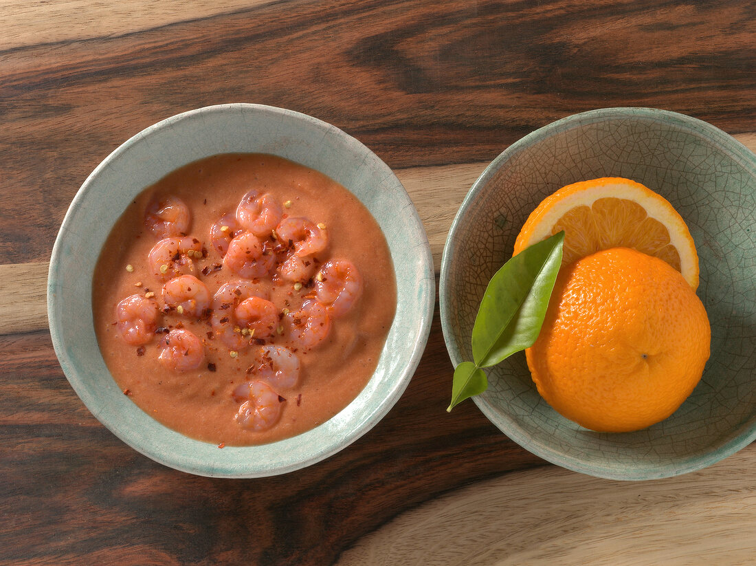 Saucen & Dips,  Garnelen in Tomaten-Vanille-Sauce, Orange