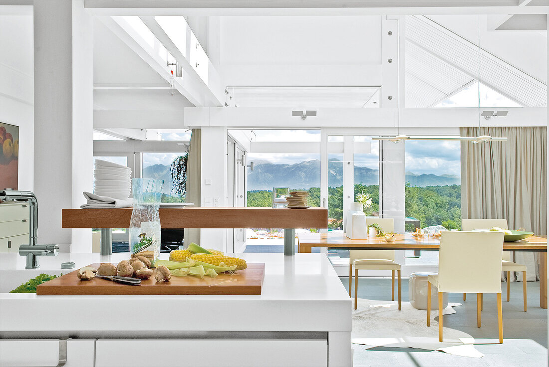 Küche und Essplatz in Haus mit verglaster Front, lichtdurchflutet
