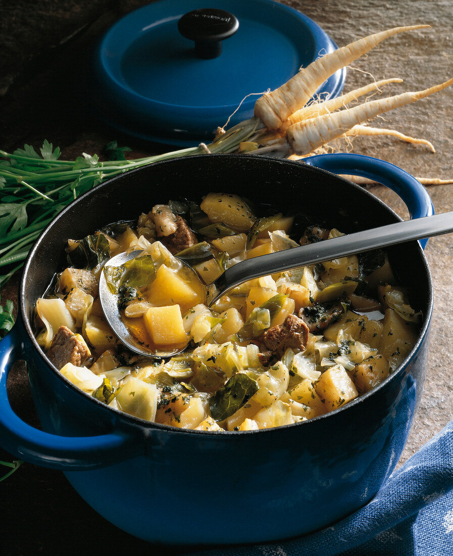 Suppen, Pichelsteiner im Topf mit Fleisch, Kartoffeln, Rüben