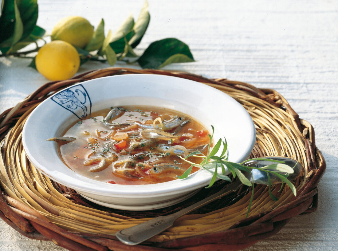 Suppen, Gemüsesuppe mit Ährenf ischen, Zwiebeln, Zitronen, Estragon