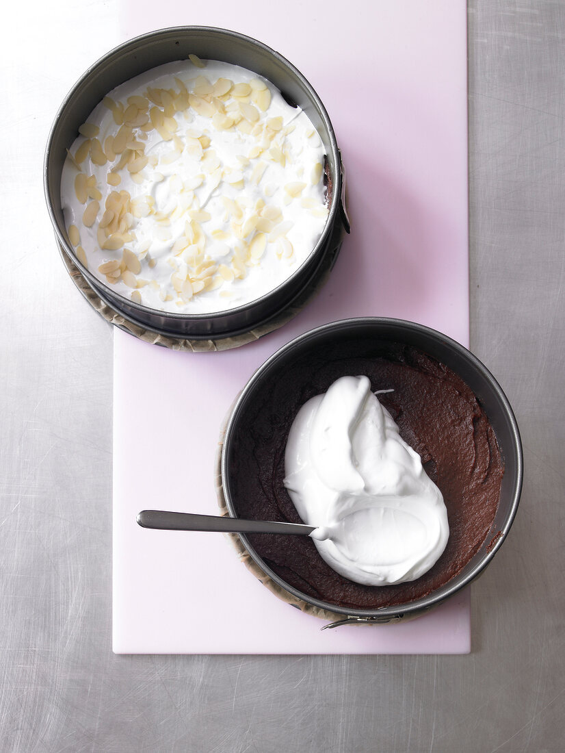 Ingredients being assembled for meringue layer, overhead view