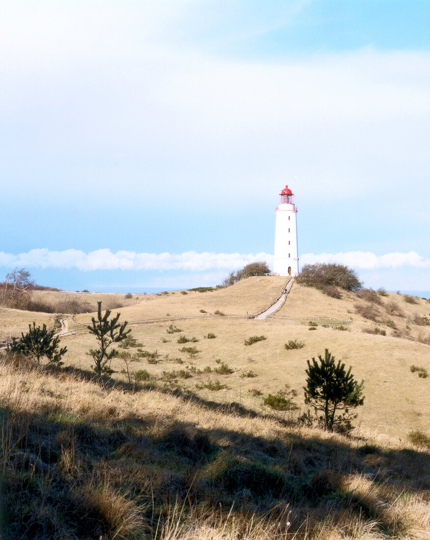 View of lighthouse at Kloster on Hiddensee Island in Baltic Sea, Germany
