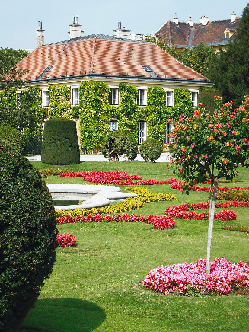 View of garden on building top from Schonbrunn Palace, Vienna, Austria