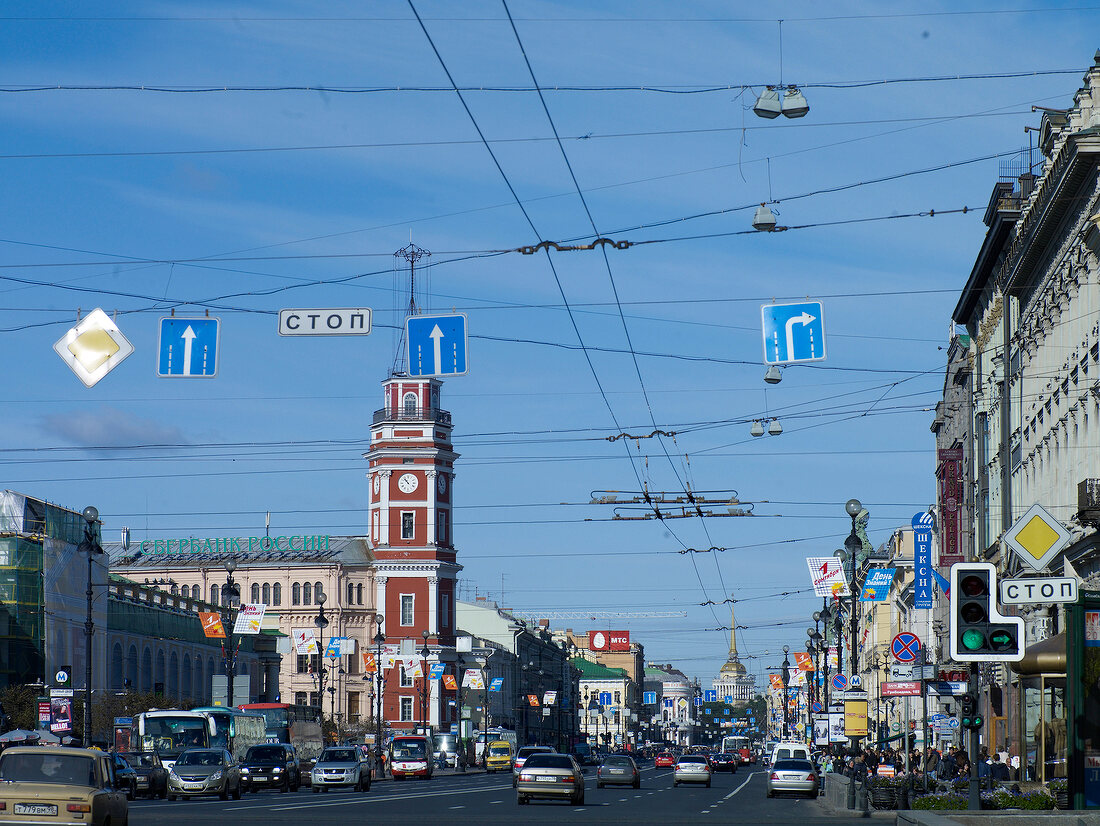 View of transport of Nevsky Prospekt in St. Petersburg, Russia