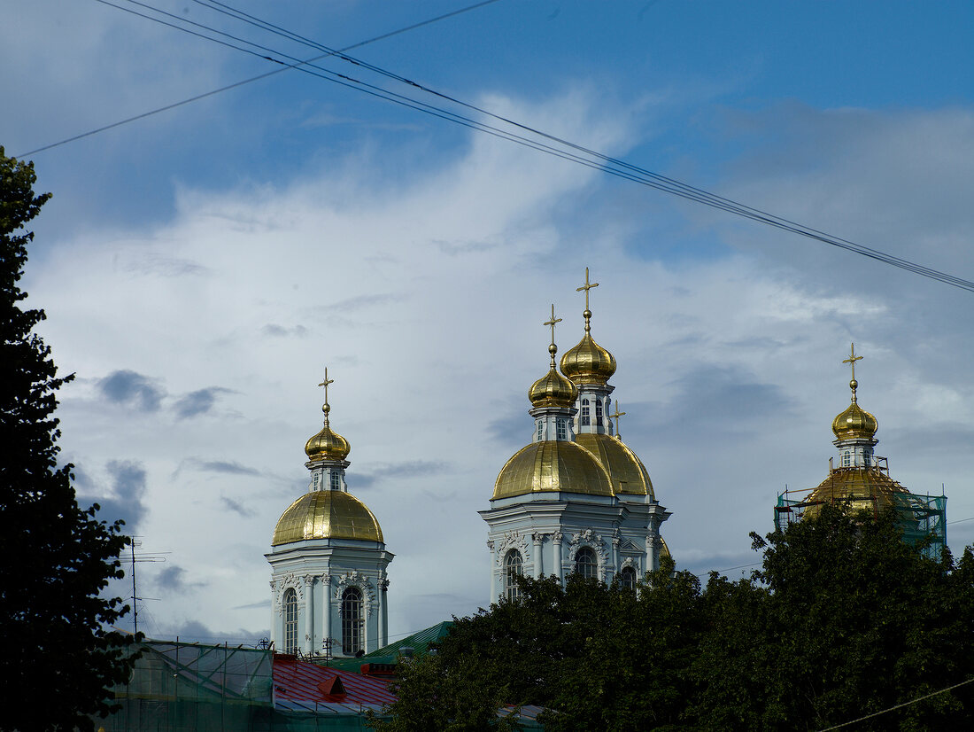 Golden domes of Nicholas Naval Cathedral in St. Petersburg, Russia