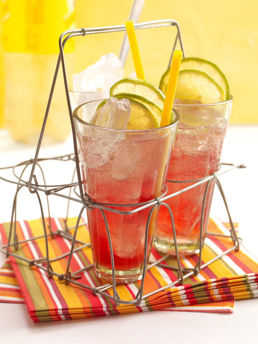 Sommerdrinks, 2 Gläser Rin-Tin -Tonic mit Limette, Eis, Strohhalm