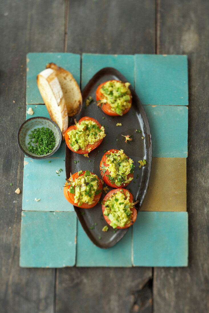 Stuffed tomatoes on tray