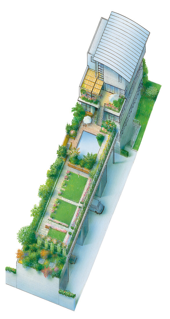 Illustration: Wohnhaus mit Teich und Garten auf dem Dach einer Garage