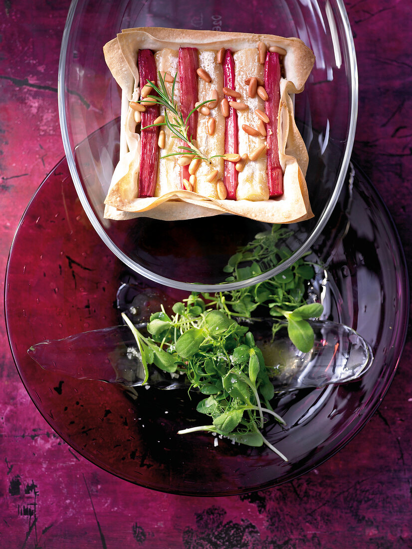 Close-up of rhubarb tart in bowl