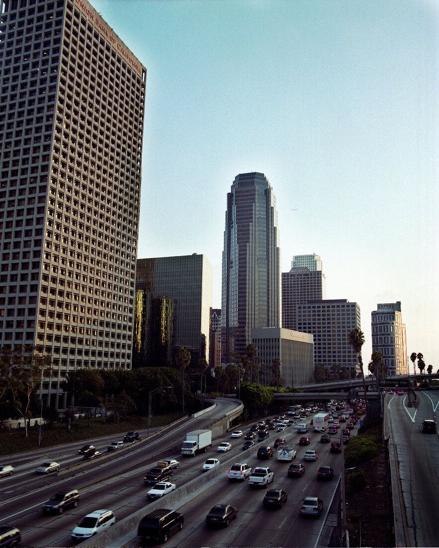 View of skyscrapers and highway in Los Angeles, California, USA