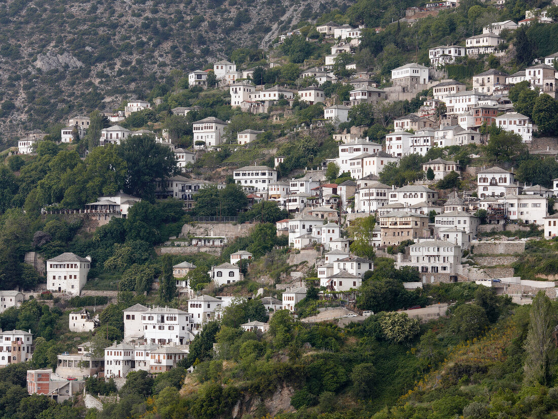 View of Pelion mountain with stone houses in Eastern Magnesia, Greece