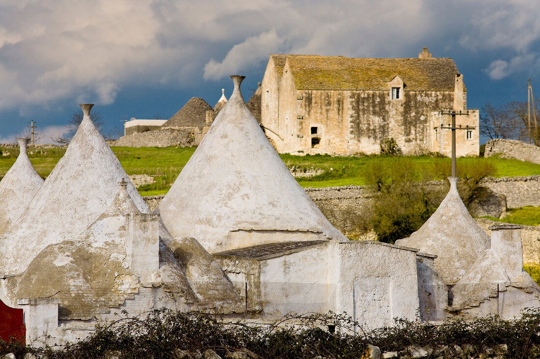 View of Trullo houses in Apulia, Italy