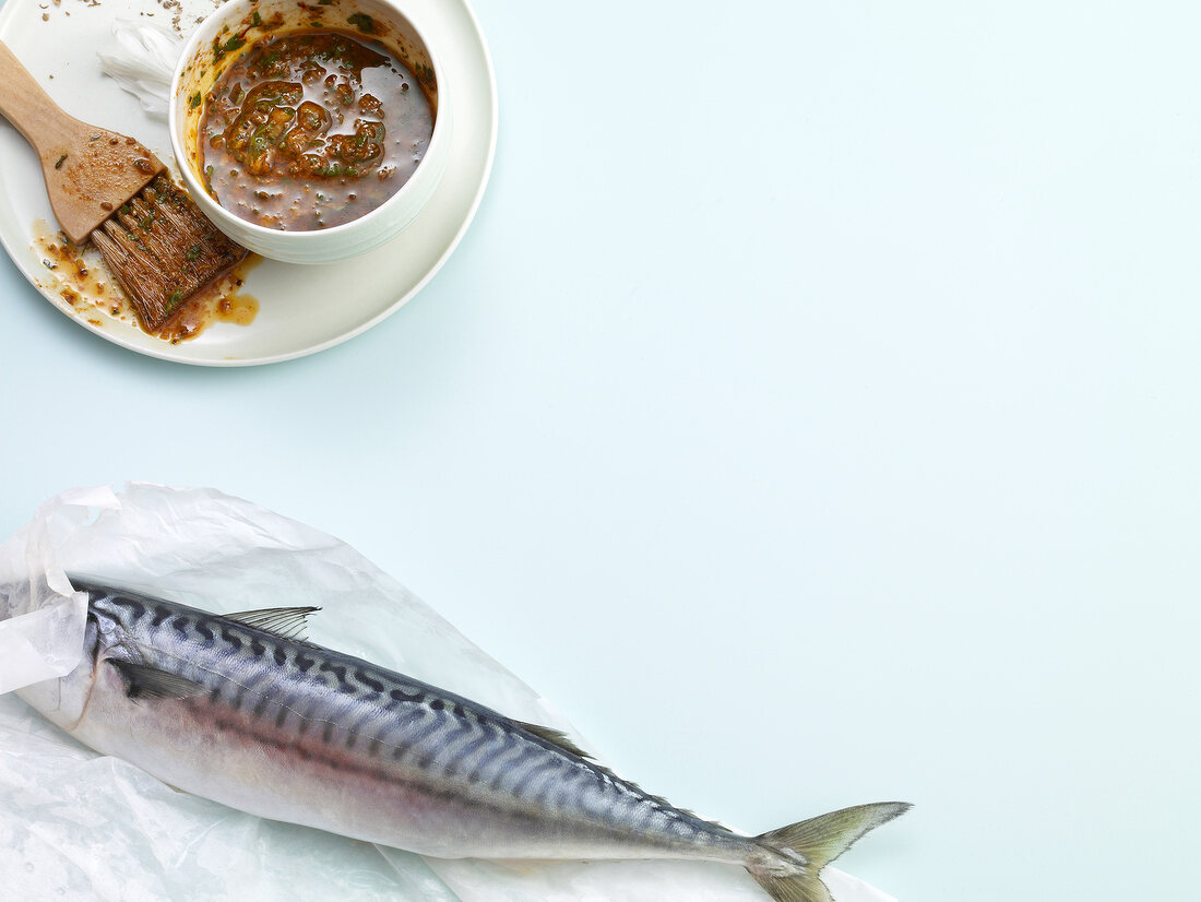 Mackerel fish with sauce on white background, copy space
