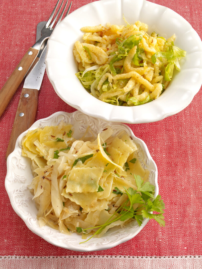 Endive spaetzle and fleckerln noodle with cabbage and parsley on plates