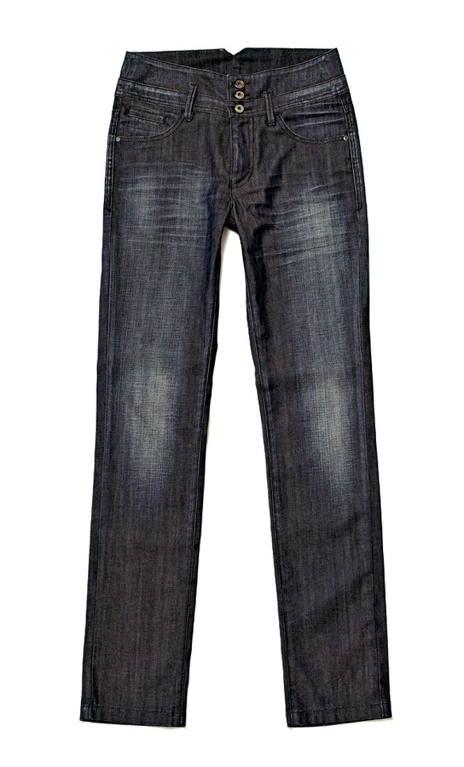 Freisteller: Jeans mit Bund, Bein, schmal, grau, verwaschen, 3 Knöpfe